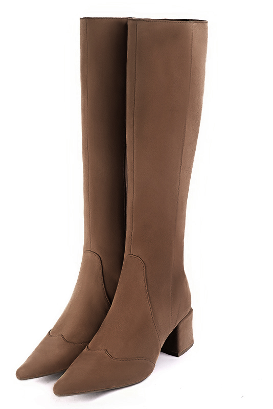 Chocolate brown women's feminine knee-high boots. Pointed toe. Medium block heels. Made to measure. Front view - Florence KOOIJMAN